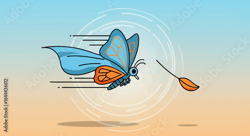 Speeding Butterfly Delivering Petals With Velocity Effect On Bright Sky