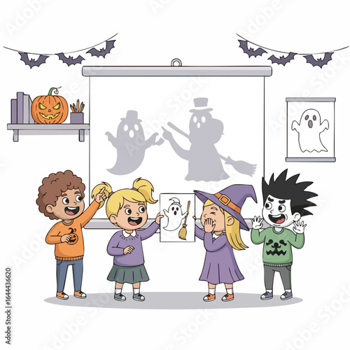 Colorful Hand Drawn Kids Celebrating Halloween Shadow Puppets Entertainment Illustration