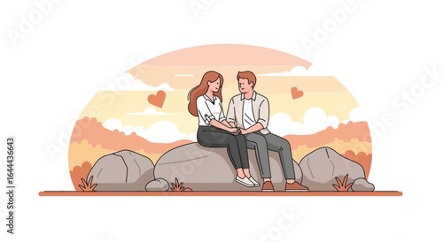 Romantic couple sitting on rocks holding hands with heart symbols in the background illustration