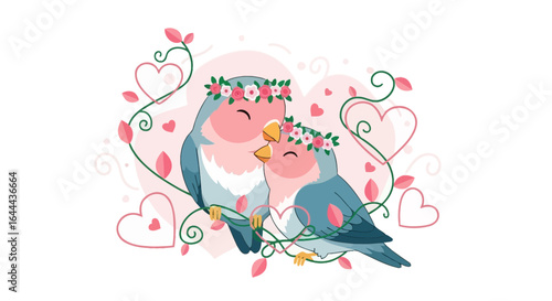 Romantic depiction of two lovebirds adorned with floral crowns amidst hearts and vines