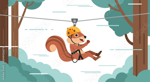 Squirrel having fun on a zip line, enjoying outdoor adventure and thrill ride through the trees