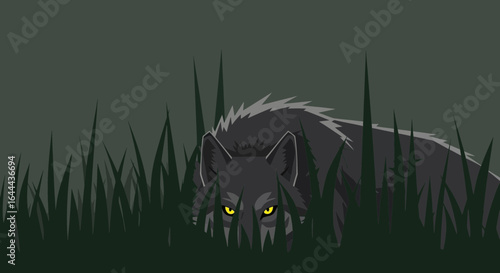 Stealthy predator illustrated wolf lurking in the tall grass with piercing eyes watching intently