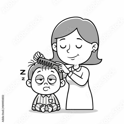 Black and White Outline Illustration Mother Comb Child Hair at Morning