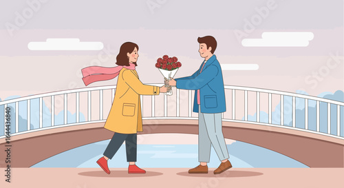 Romantic moment of a man giving flowers to a woman on a bridge with love and affection