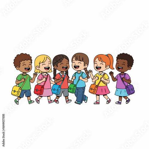 Flat Cartoon Style Group of Cheerful Diverse School Children Illustration