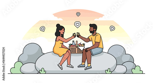 Romantic picnic illustration of a couple toasting drinks at sunset outdoors illustration portrays a loving and intimate moment