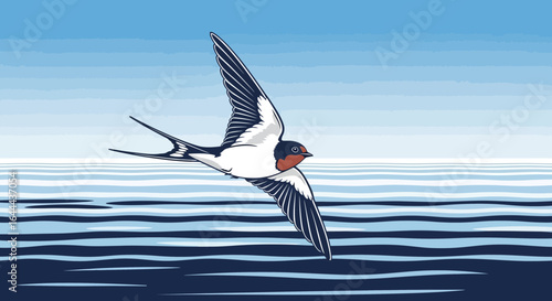 Stylized artwork of a swallow in flight over ocean waves capturing avian beauty