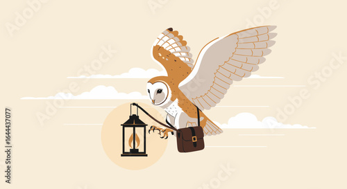 Stylized barn owl delivering mail with a vintage lantern against a cloudy sky backdrop