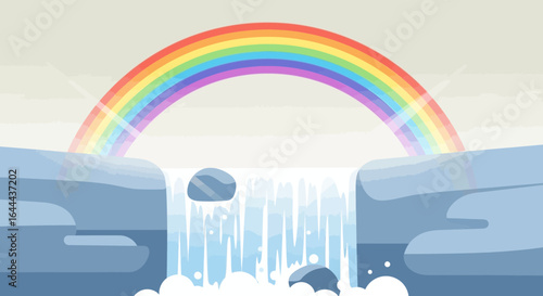 Stylized cartoon illustration featuring a rainbow over a cascading waterfall landscape