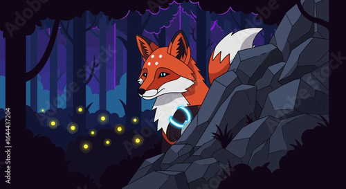 Stylized cartoon fox in dark forest with fireflies and rocky outcropping is intriguing
