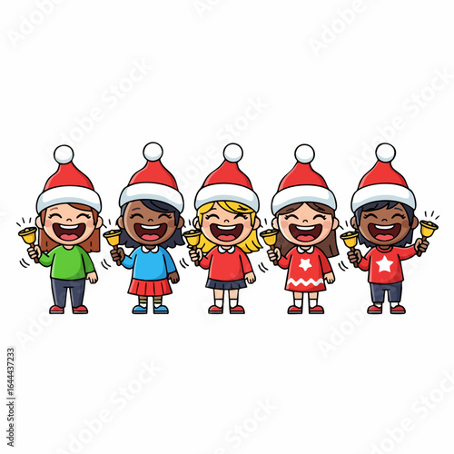Cartoon Handdrawn Diverse Children Singing Christmas Carols with Jingle Bells Illustration
