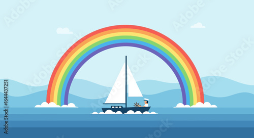 Sailboat navigating under a vibrant rainbow against the blue sea and sky cartoon art illustration a beautiful day on the water