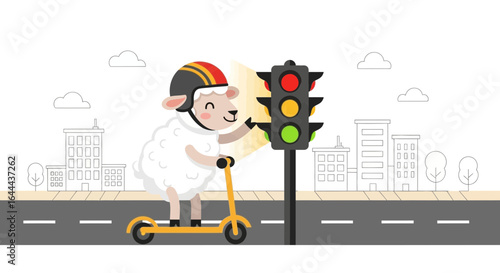 Safe Sheep Riding Scooter In City With Helmet And Traffic Light Illustration