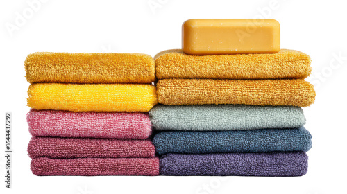 Stack of Colorful Folded Towels with Soap Bar on Transparent Background