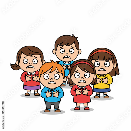 Cartoon Flat Design Group of Frightened Children Expressing Fear Illustration