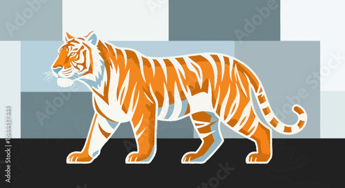 Stylized depiction of a tiger walking against a geometric patterned background