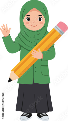 Muslim girl holding large pencil smiling and waving friendly wearing green hijab and black skirt vector illustration