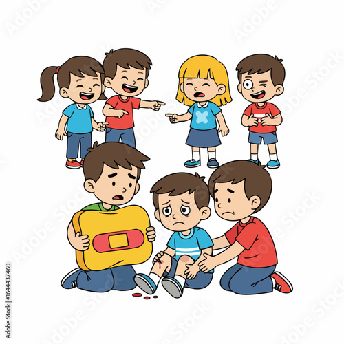 Cartoon Style Group of Children Bullying Hurt Boy Illustration