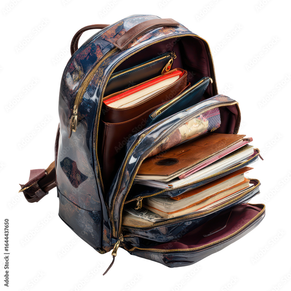 Naklejka premium Stylish Backpack with Open Zipper Showing Compartments on Transparent Background