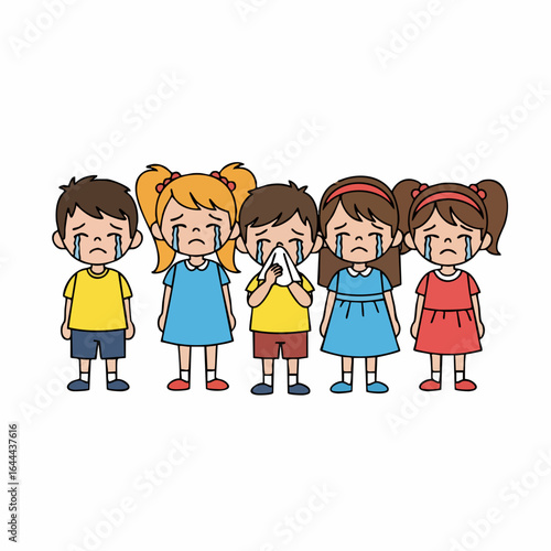 Cartoon Style Depressed Children Group Character Illustration in Flat Design