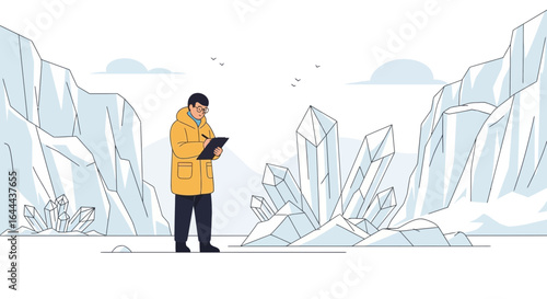 Scientist examining large quartz crystals in an arctic landscape with ice formations