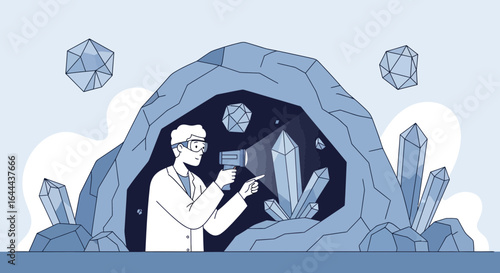 Scientist explores a cave full of crystals with flashlight in hand illustration