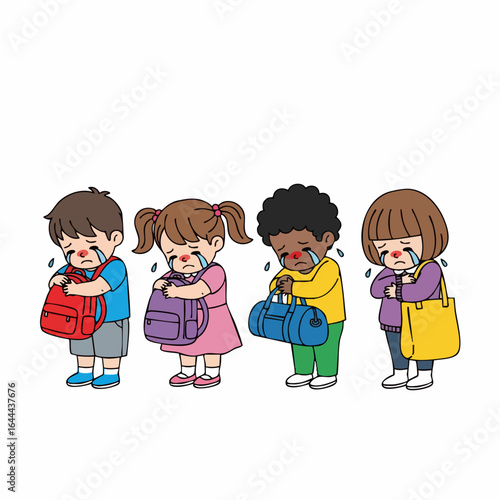Cartoon Style Depressed Children with Backpacks Ready for Back to School Illustration