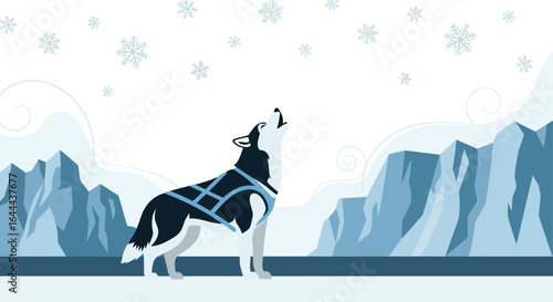 Stylized illustration of a husky howling in a snowy arctic landscape setting