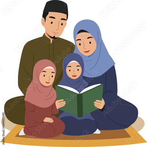 Muslim family reading book together children parents wearing hijab and traditional clothing vector illustration