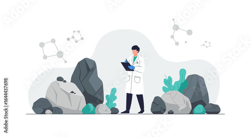 Scientist examining rocks and minerals in natural settings with molecular structures in background