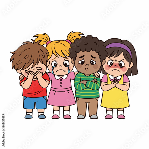 Cartoon Style Diverse Group of Children Expressing Emotions Illustration