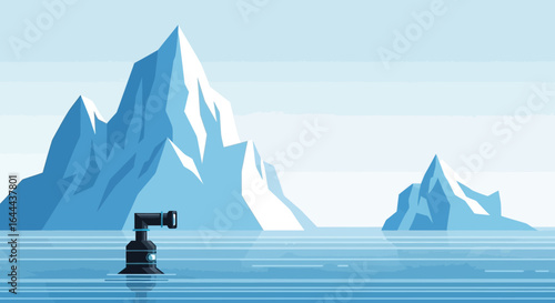 Stylized illustration of a submarine periscope in arctic waters with icebergs in the background