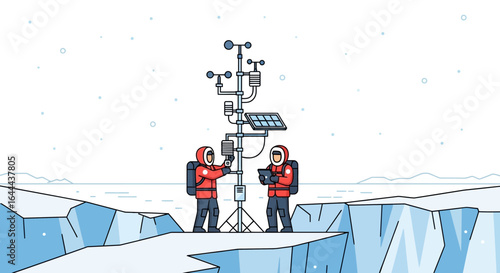 Scientists at the Antarctic research station monitoring meteorological data with modern equipment in a challenging environment