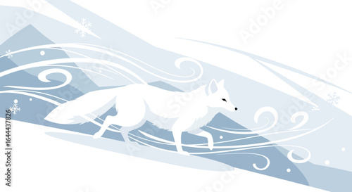 Stylized illustration of a white arctic fox in a winter landscape scene