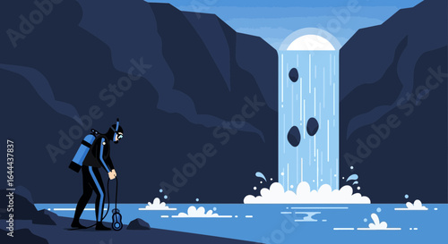 Scuba Diver Prepares To Explore Underwater Cave At Natural Waterfall