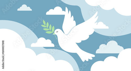 Stylized image of a white dove carrying an olive branch symbolizing peace in a blue sky with clouds
