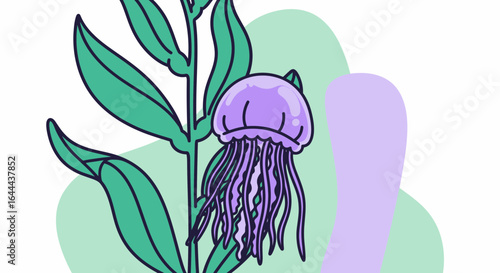Stylized Jellyfish Underwater With Seaweed Illustration On White Background