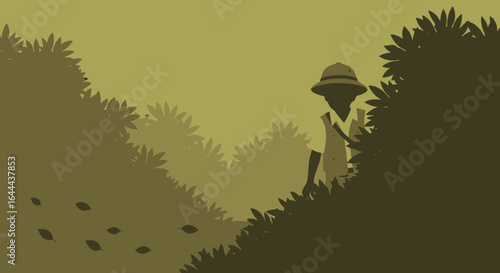 Stylized jungle exploration scene featuring a figure in a pith helmet among lush vegetation