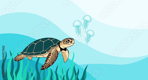 Sea Turtle and Jellyfish in Peaceful Underwater Scene with Ocean Background