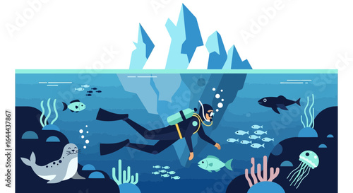 Scuba diving in cold water among iceberg, diverse marine life and coral reefs creating a captivating scene