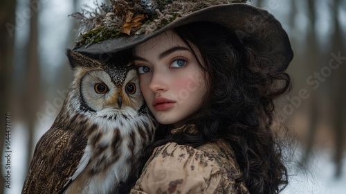Woman with owl, winter forest
