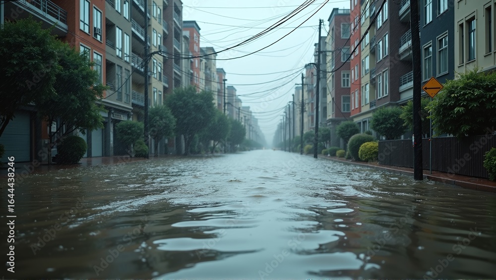 Naklejka premium A city street is flooded, rain pours down