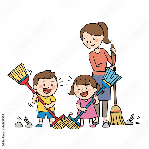 Cartoon Colorful Illustration of Family Cleaning Together with Broom at Home