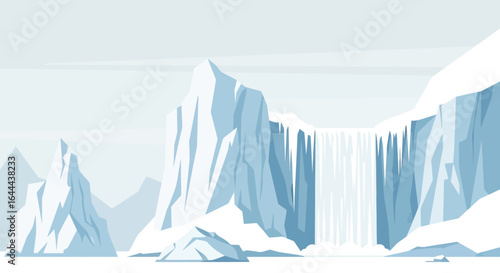 Serene arctic landscape featuring icebergs, mountains, and a frozen waterfall conveying a sense of coldness