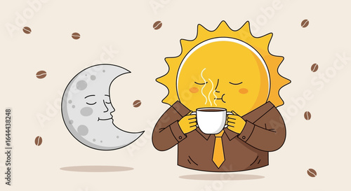 Sun enjoying coffee while the moon sleeps cartoon illustration depicting morning routine