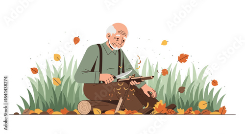 Serene autumn scene: Elderly man crafting wood while enjoying the beauty of nature