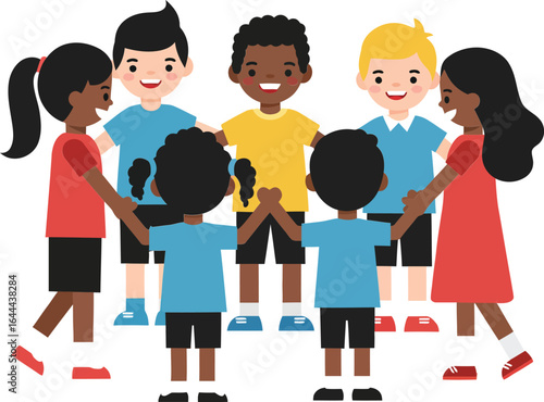 Diverse group of children holding hands playing in circle vector illustration for friendship and unity concept