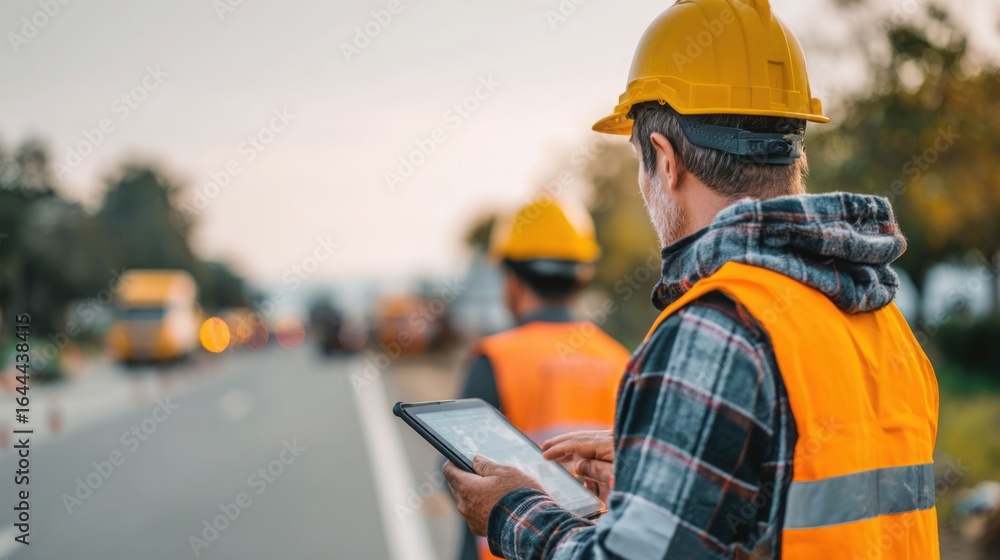Obraz premium Everyone needs to be on the same page. Shot of a group of architects using a digital tablet at a building site.