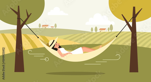 Serene countryside relaxation: A woman lounging in a hammock amidst nature and farmland tranquility