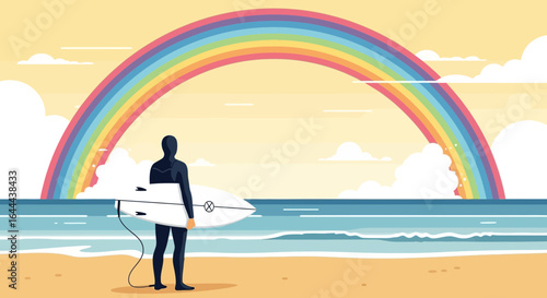 Surfer with Board Contemplating Rainbow Over the Ocean: A Vector Graphic Depicting Beach Lifestyle